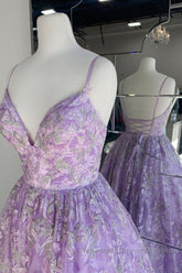 Gorgeous V Neck Thin Straps Purple Long Semi Formal Prom Dresses, V Neck Purple Formal Evening Dresses, Purple Ball Gown